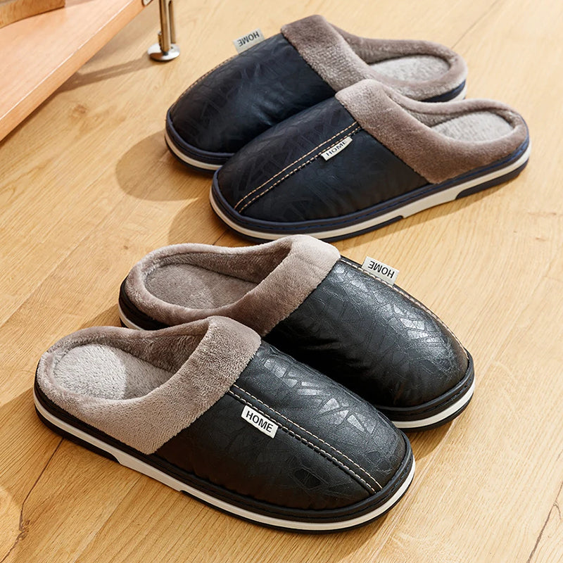 Gideon | Men's Faux Leather Slippers - Plush-Lined Winter Slip-On Slippers