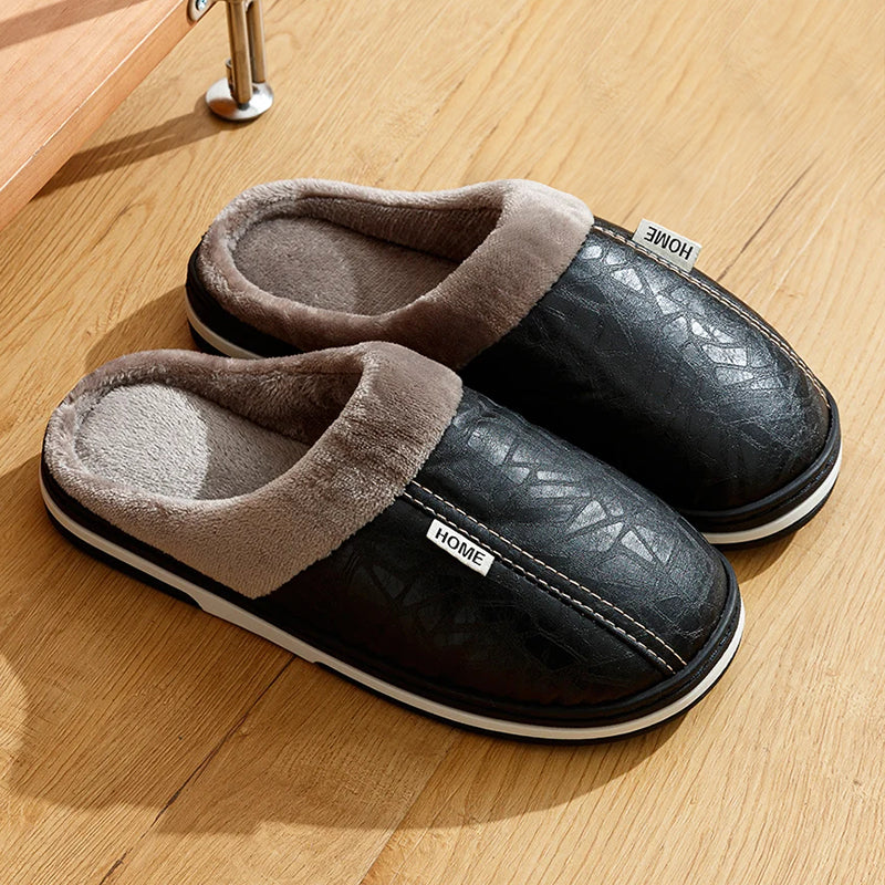 Gideon | Men's Faux Leather Slippers - Plush-Lined Winter Slip-On Slippers