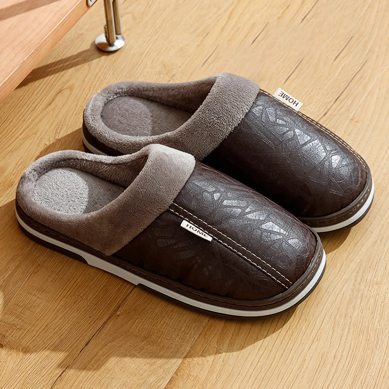 Gideon | Men's Faux Leather Slippers - Plush-Lined Winter Slip-On Slippers
