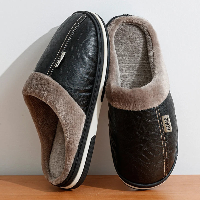 Gideon | Men's Faux Leather Slippers - Plush-Lined Winter Slip-On Slippers