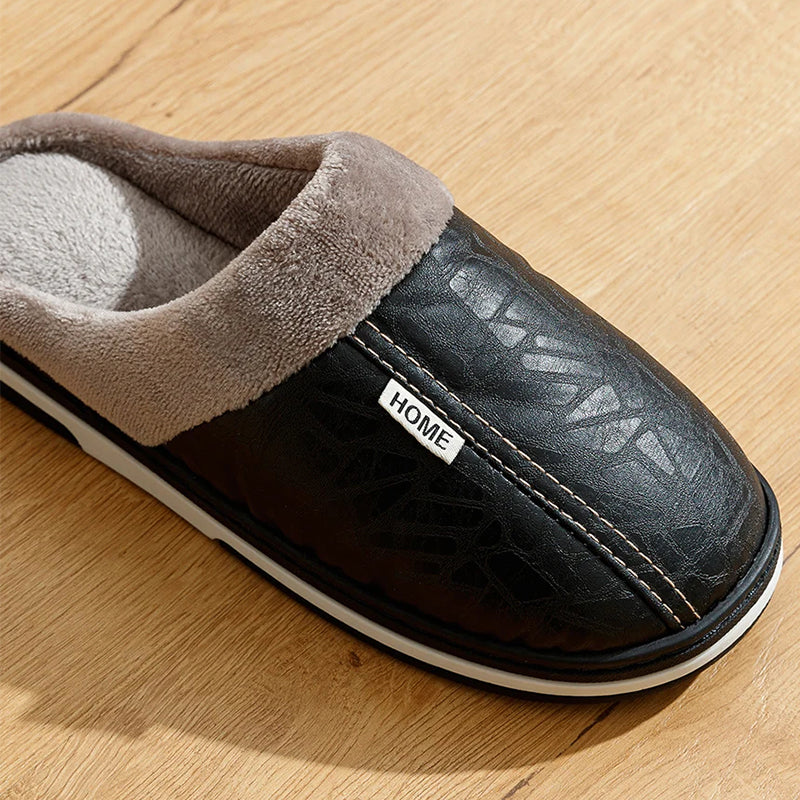 Gideon | Men's Faux Leather Slippers - Plush-Lined Winter Slip-On Slippers