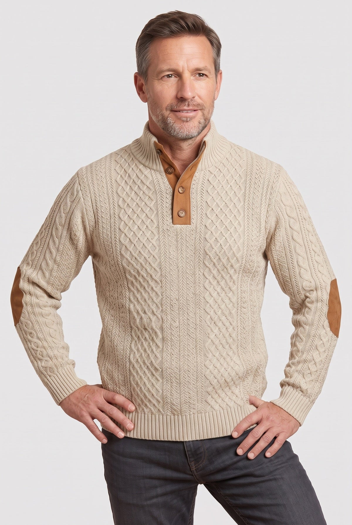Preston | Men's Textured Button Neck Jumper - Cable Knit Winter Knitwear