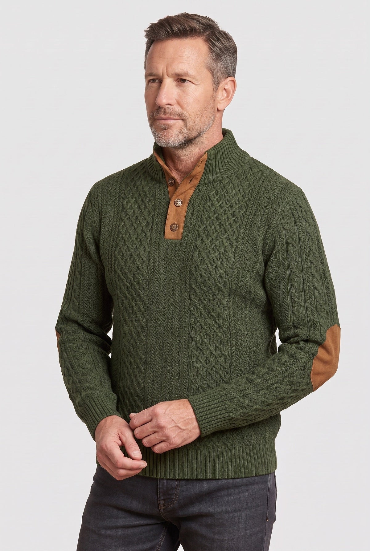 Preston | Men's Textured Button Neck Jumper - Cable Knit Winter Knitwear