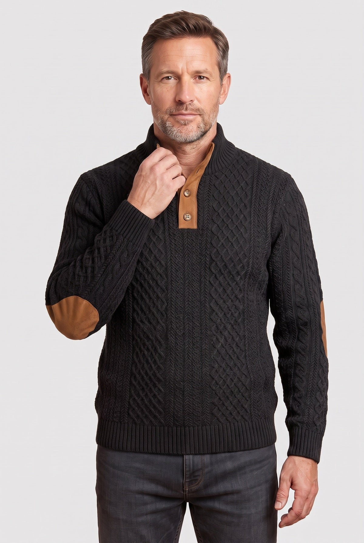 Preston | Men's Textured Button Neck Jumper - Cable Knit Winter Knitwear