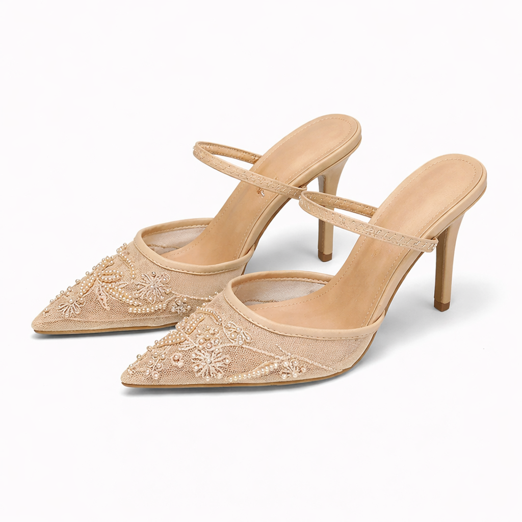 Josephine | Women's Embroidered Mesh Mule Heels - Pointed Toe Wedding Guest Shoes