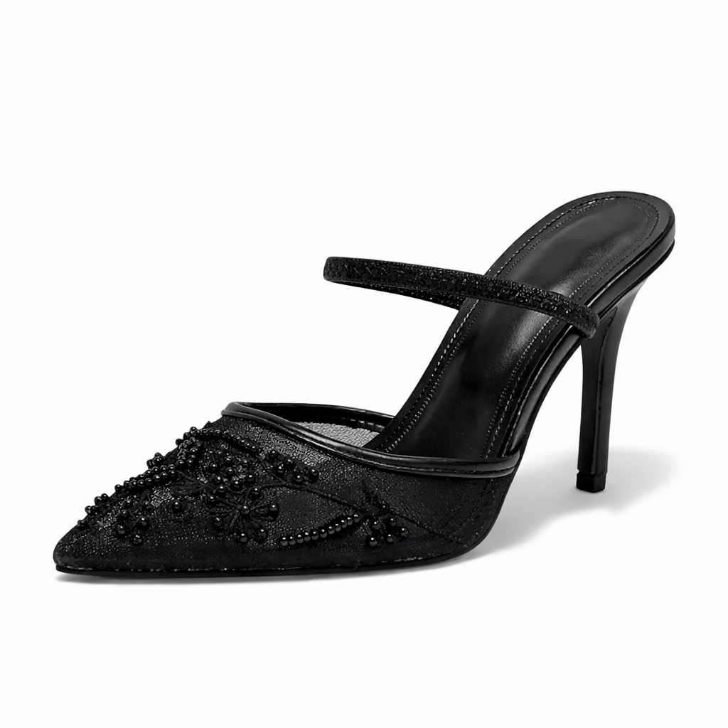 Josephine | Women's Embroidered Mesh Mule Heels - Pointed Toe Wedding Guest Shoes