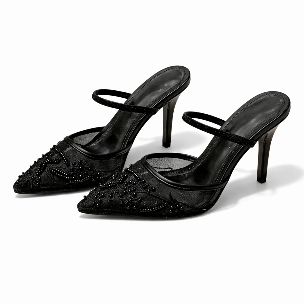 Josephine | Women's Embroidered Mesh Mule Heels - Pointed Toe Wedding Guest Shoes