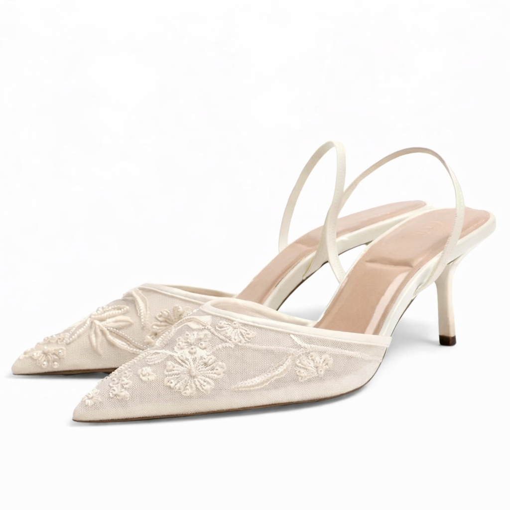 Josephine | Women's Embroidered Mesh Mule Heels - Pointed Toe Wedding Guest Shoes