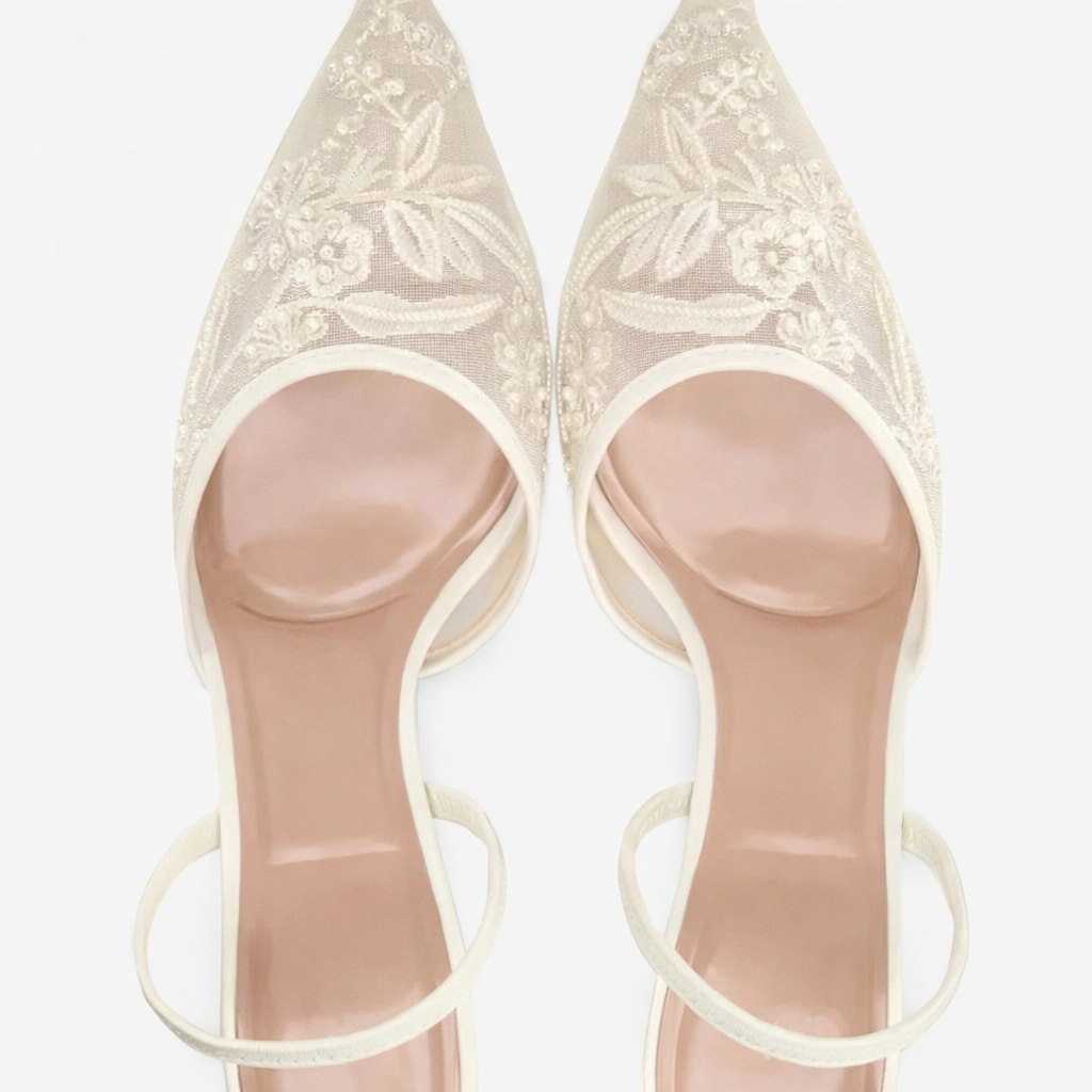 Josephine | Women's Embroidered Mesh Mule Heels - Pointed Toe Wedding Guest Shoes