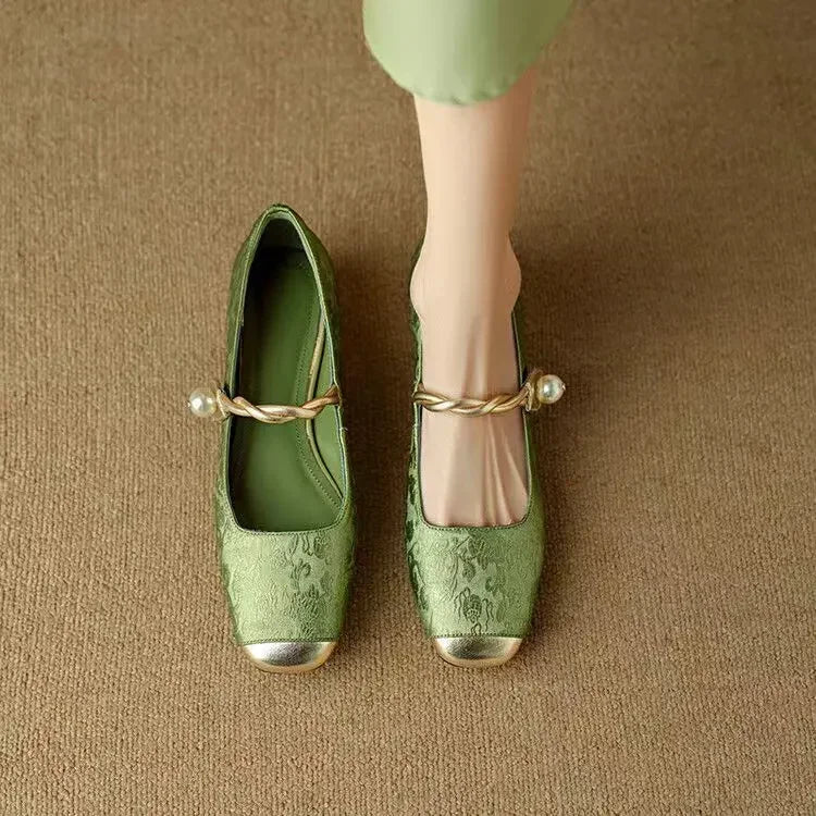 Meredith | Women's Mary Jane Shoes - Pearl Strap Low Block Heels