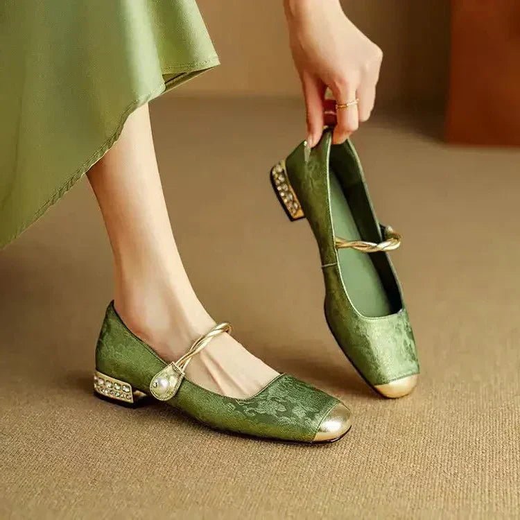 Meredith | Women's Mary Jane Shoes - Pearl Strap Low Block Heels