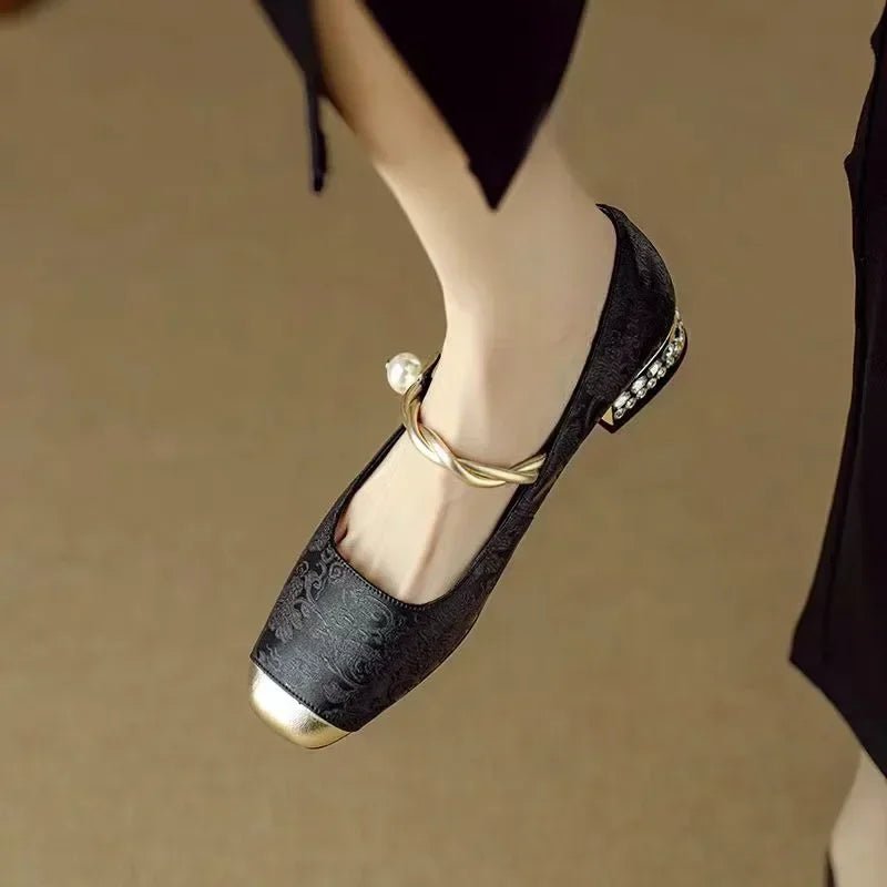Meredith | Women's Mary Jane Shoes - Pearl Strap Low Block Heels
