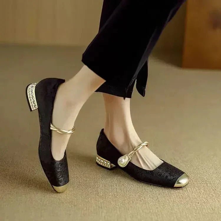 Meredith | Women's Mary Jane Shoes - Pearl Strap Low Block Heels