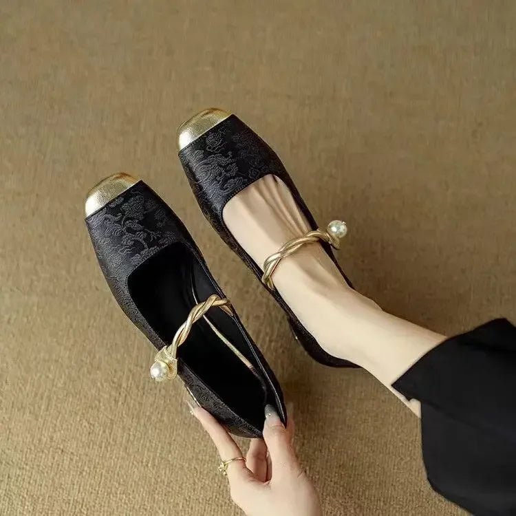 Meredith | Women's Mary Jane Shoes - Pearl Strap Low Block Heels
