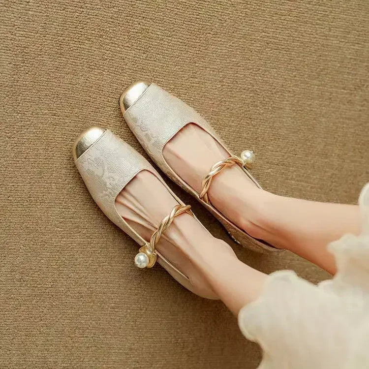 Meredith | Women's Mary Jane Shoes - Pearl Strap Low Block Heels