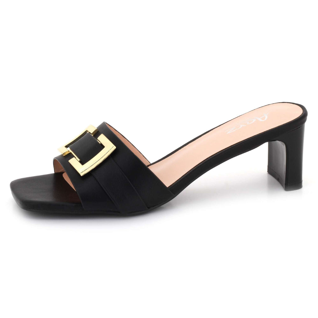 Priscilla | Women's Square-Toe Mule Sandals - Gold-Tone Buckle Mid Heel Mules