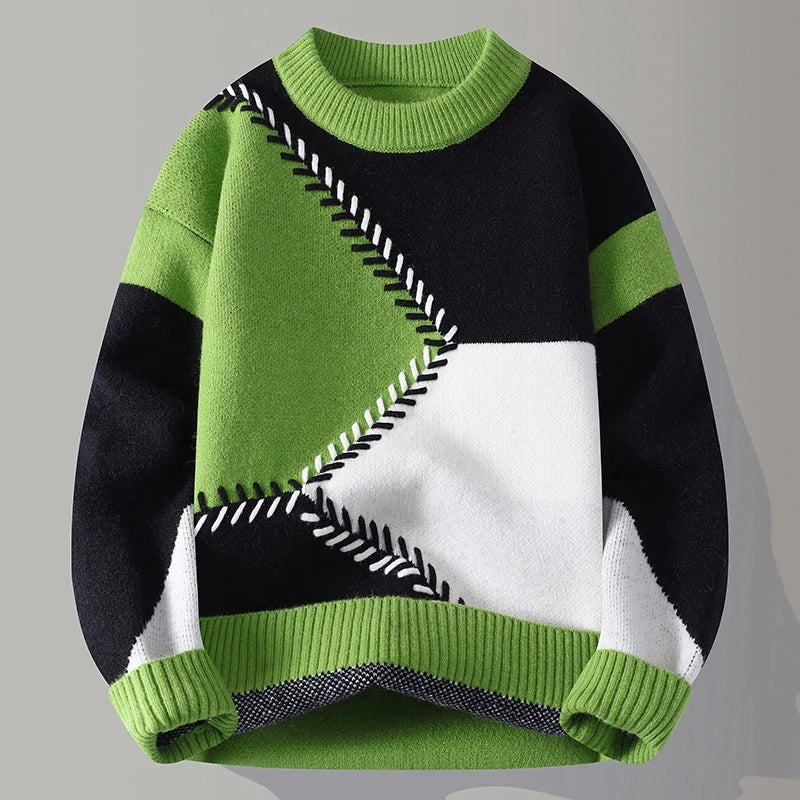 Frank | Men's Patch-Design Jumper - Colour-Block Ribbed Neck Knitwear