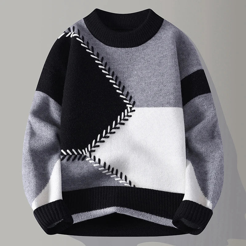 Frank | Men's Patch-Design Jumper - Colour-Block Ribbed Neck Knitwear