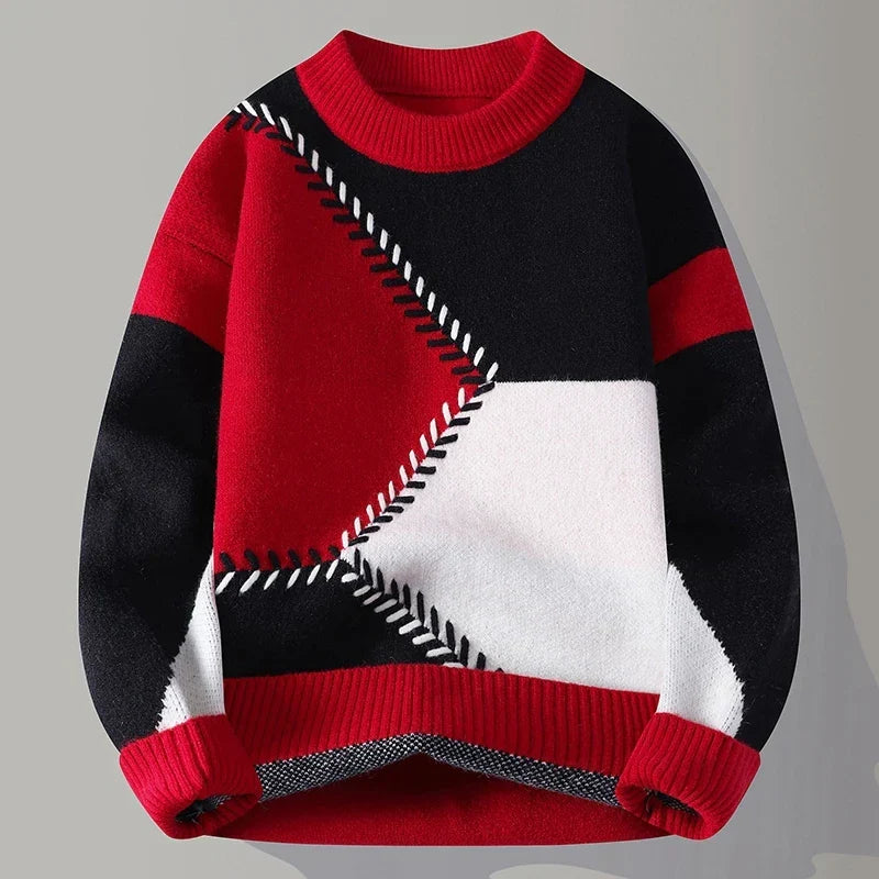 Frank | Men's Patch-Design Jumper - Colour-Block Ribbed Neck Knitwear