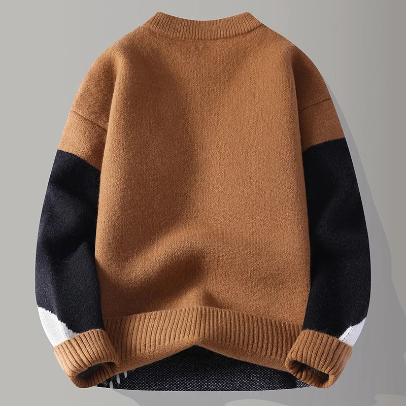Frank | Men's Patch-Design Jumper - Colour-Block Ribbed Neck Knitwear