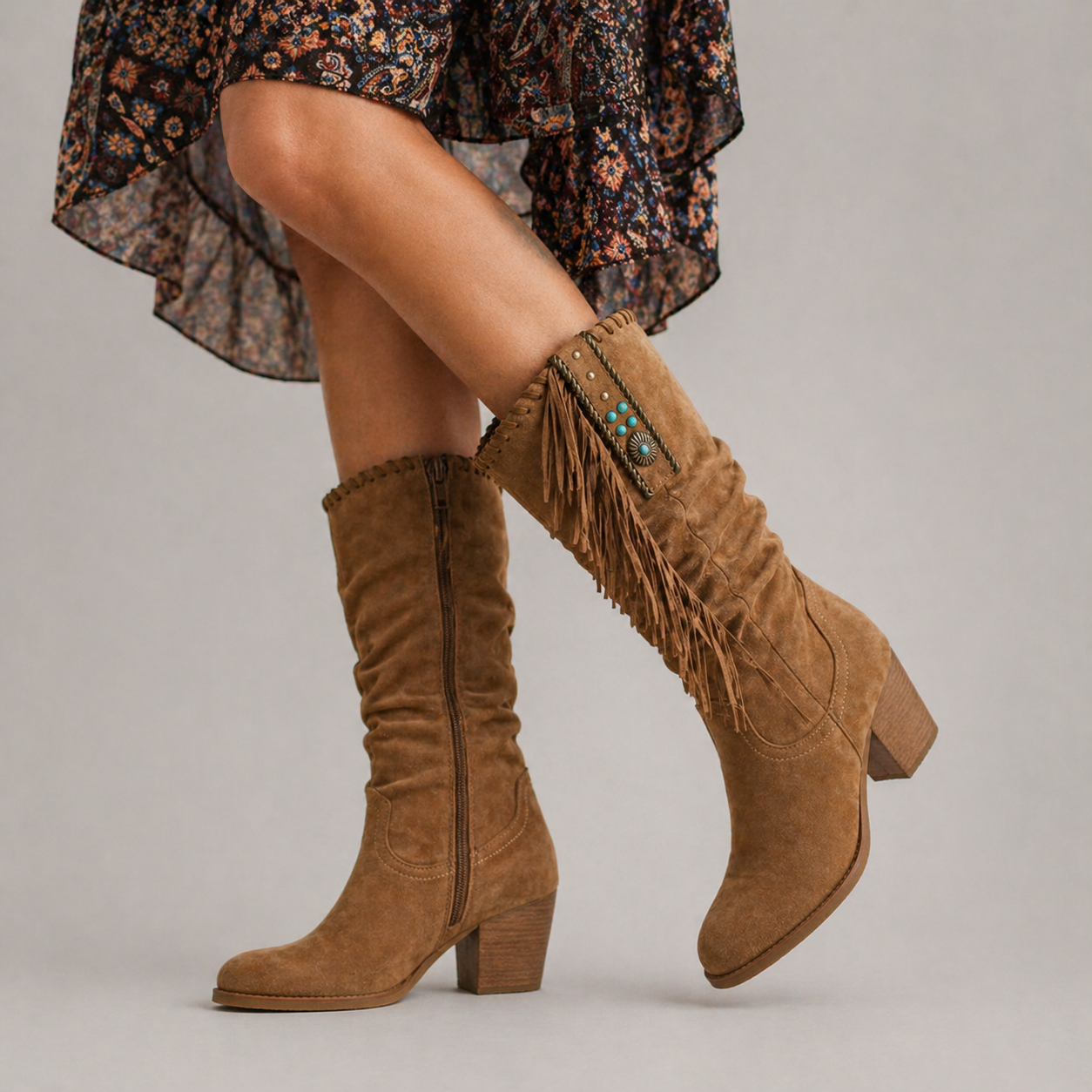 Bryony | Women's Fringe Cowboy Boots - Mid-Calf Western Block Heel Boots