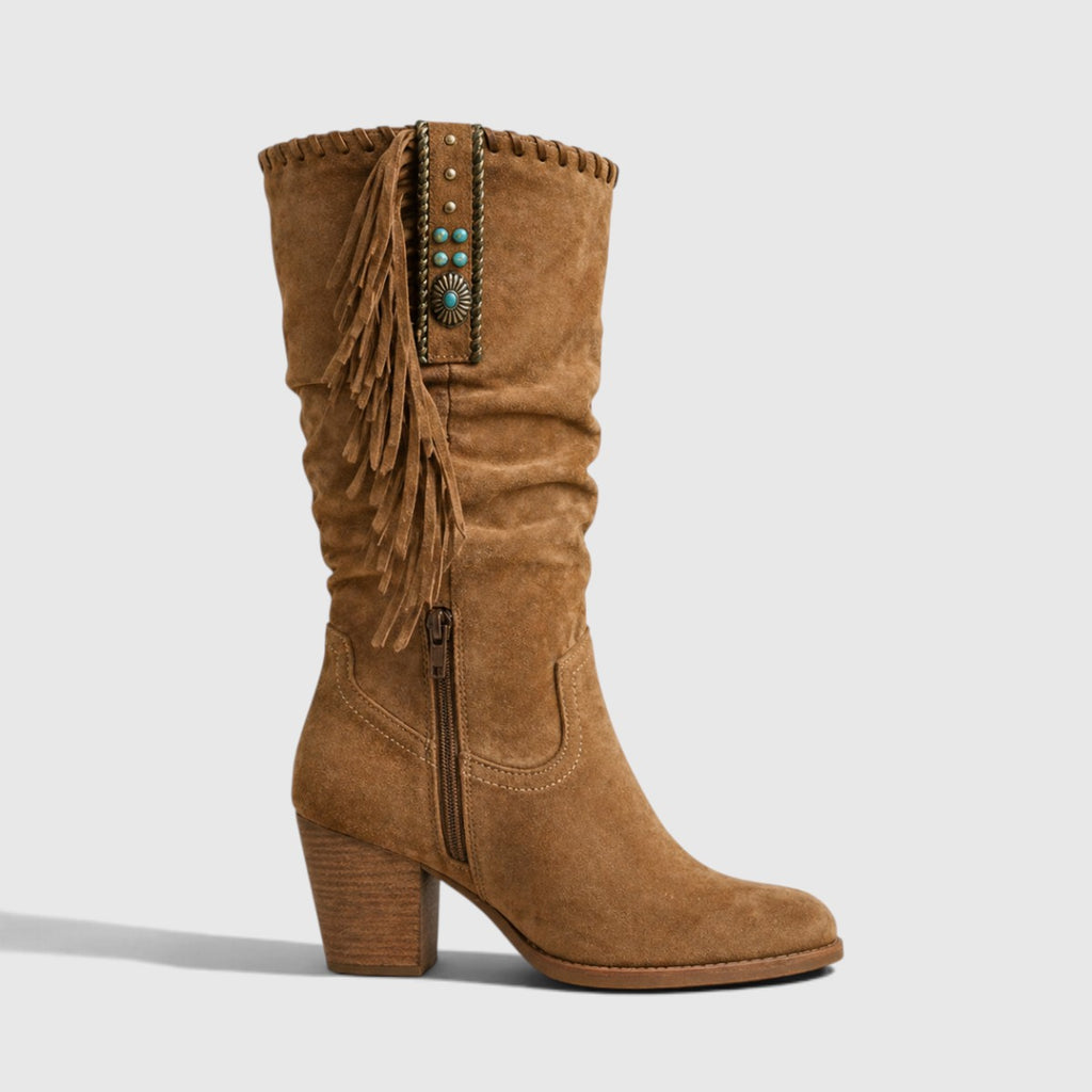 Bryony | Women's Fringe Cowboy Boots - Mid-Calf Western Block Heel Boots