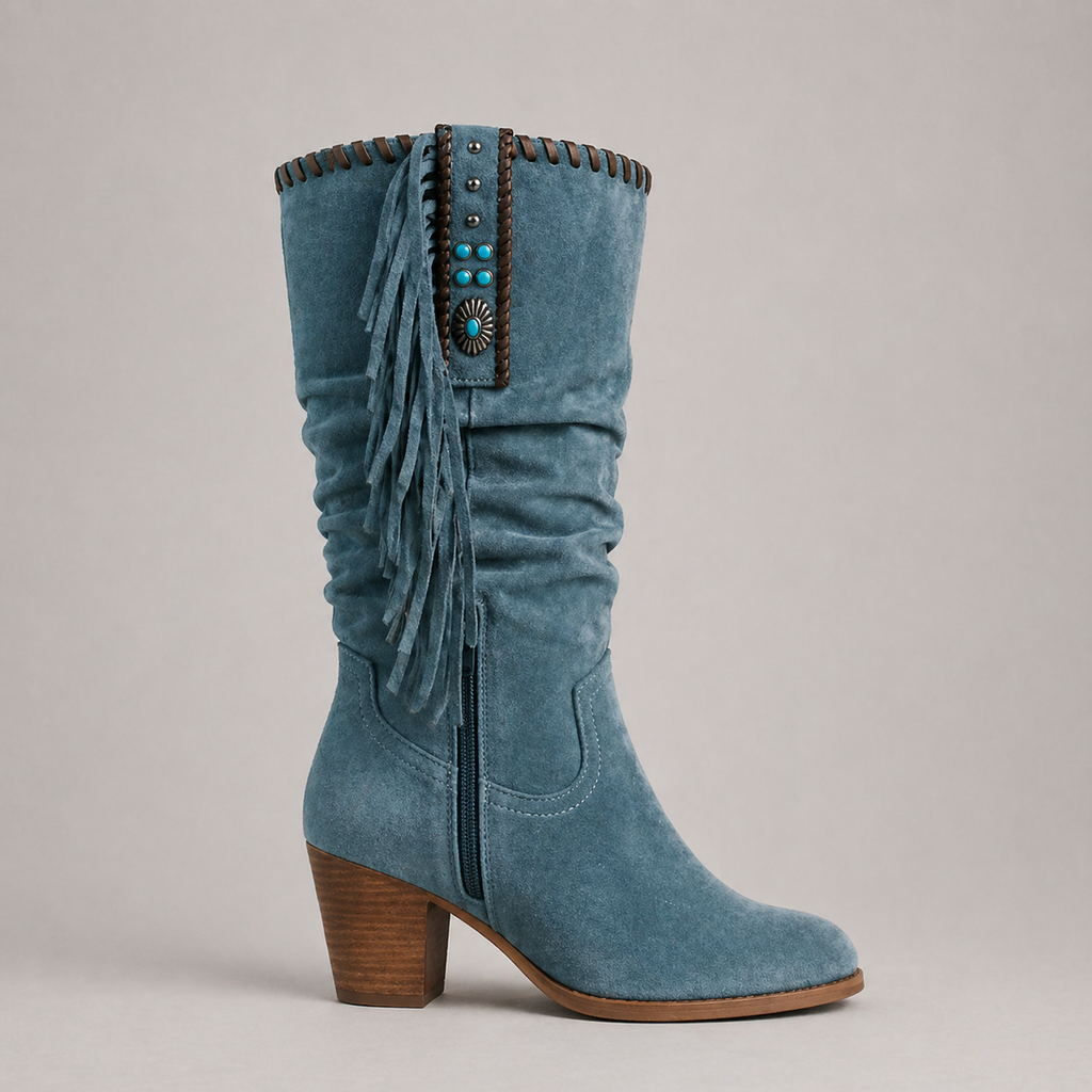 Bryony | Women's Fringe Cowboy Boots - Mid-Calf Western Block Heel Boots