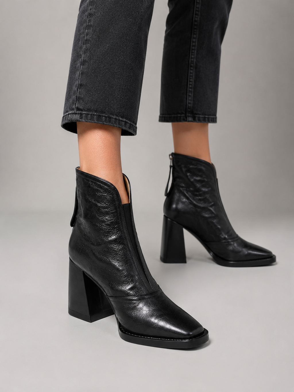 Sabrina | Women's Leather-Look Ankle Boots - Block Heel Zip Boots