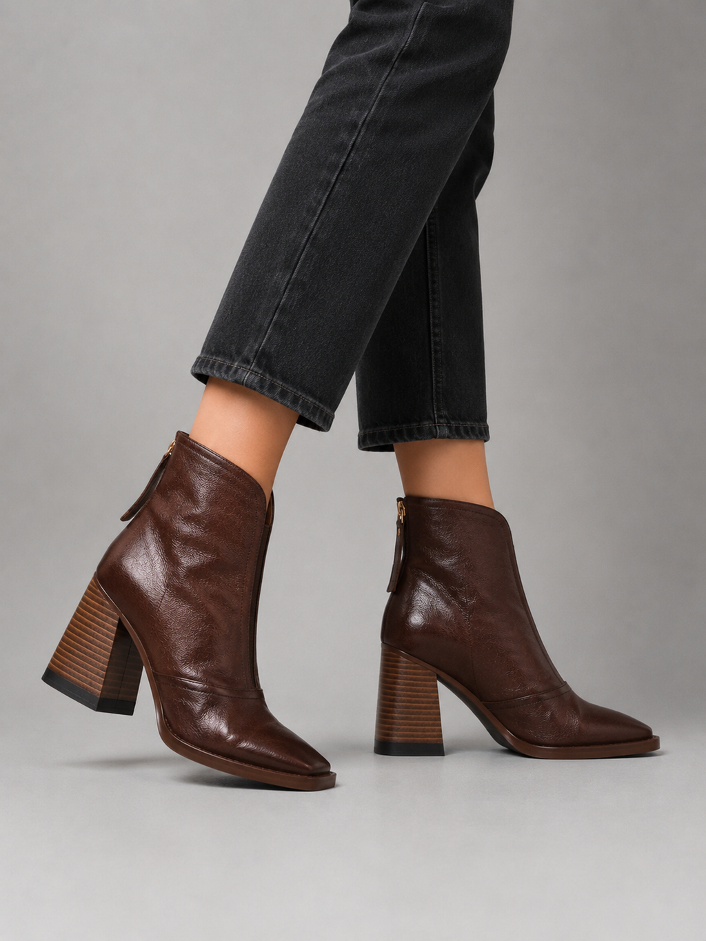 Sabrina | Women's Leather-Look Ankle Boots - Block Heel Zip Boots