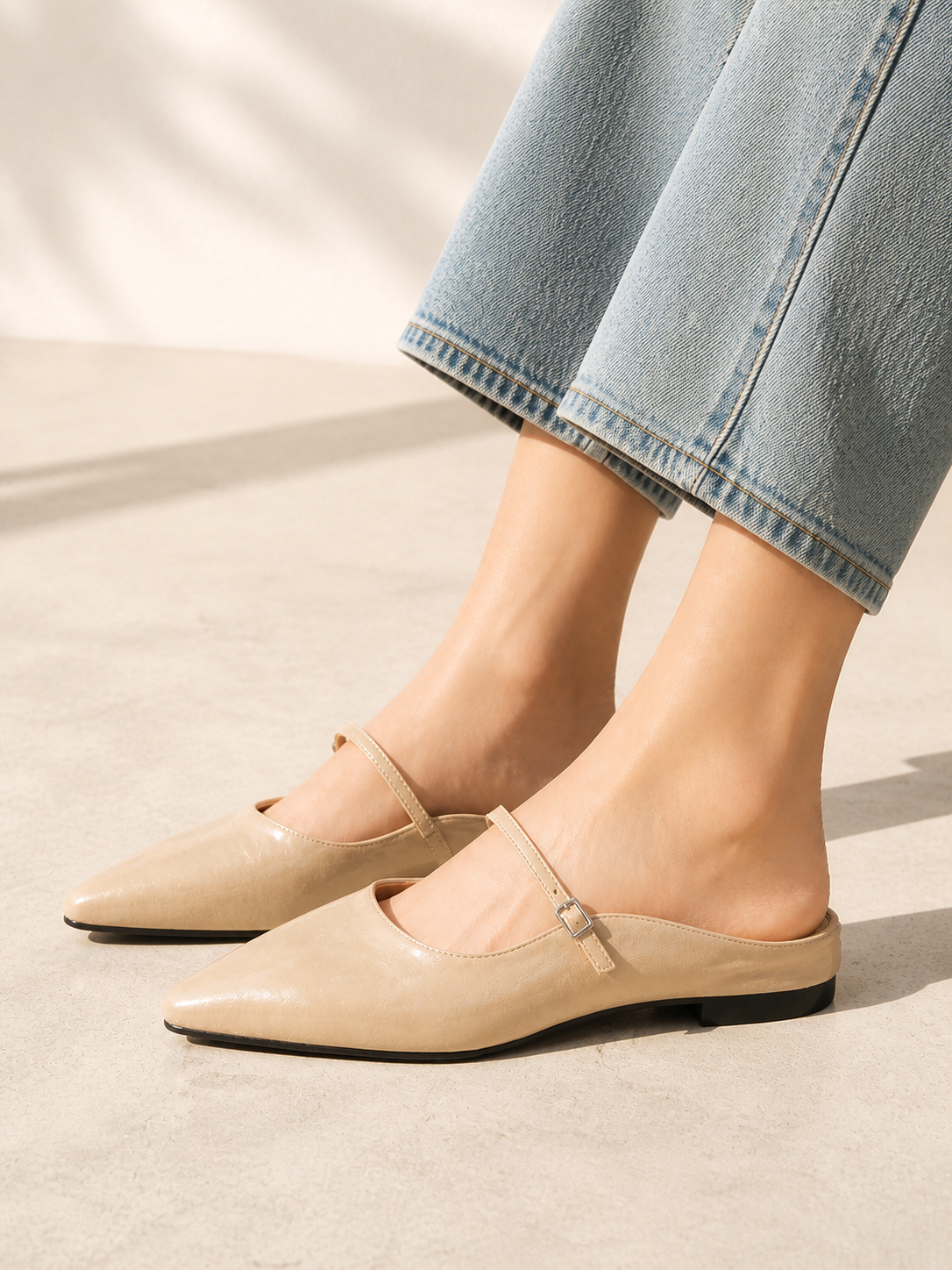Penelope | Women's faux leather Pointed-Toe Mules - Mary Jane Buckle Strap Flats