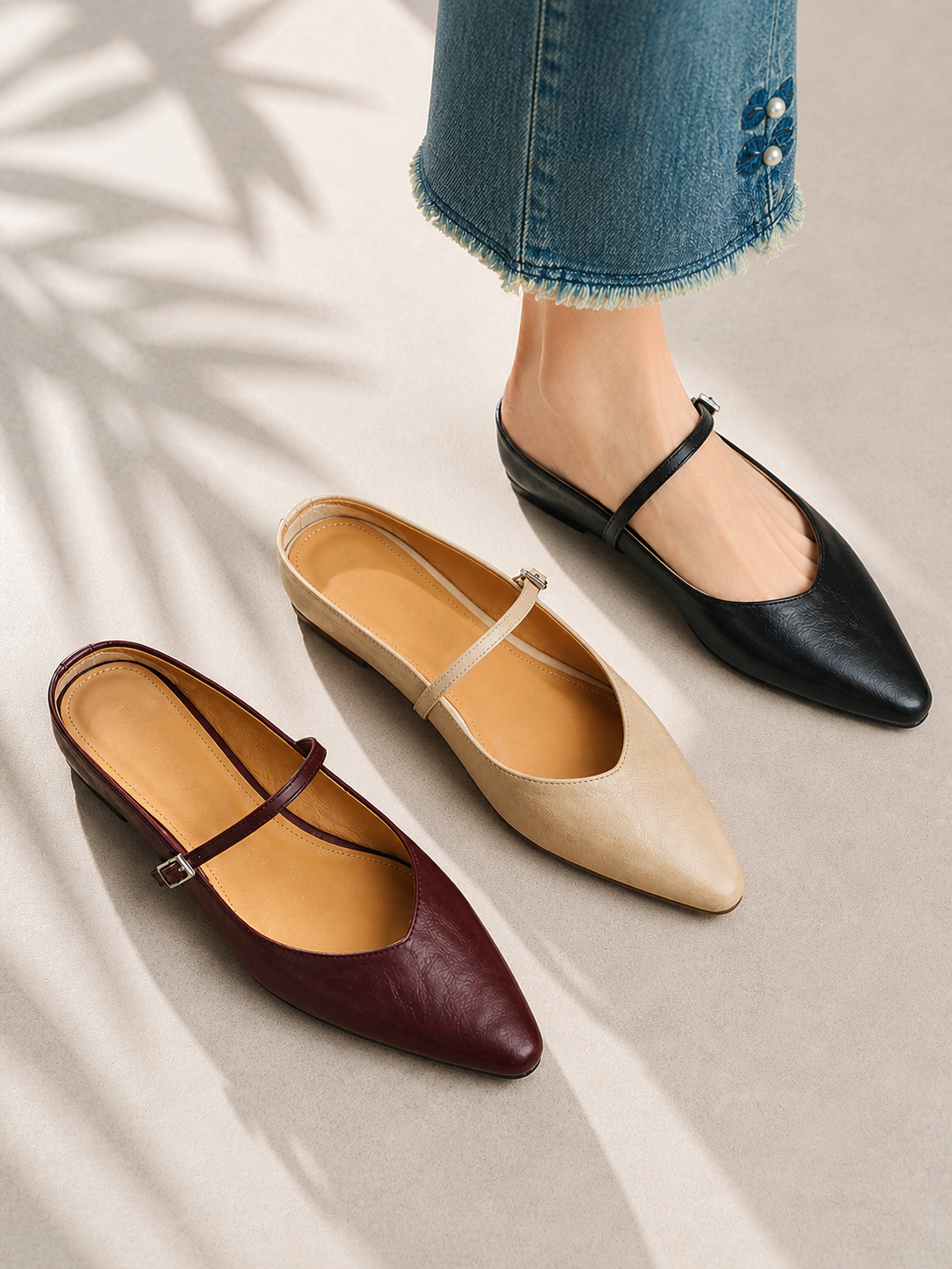 Freya | Women's Leather-Look Pointed-Toe Mules – Buckle-Strap Mary Jane Flats