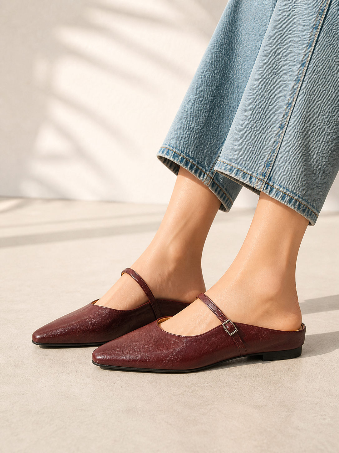 Freya | Women's Leather-Look Pointed-Toe Mules – Buckle-Strap Mary Jane Flats