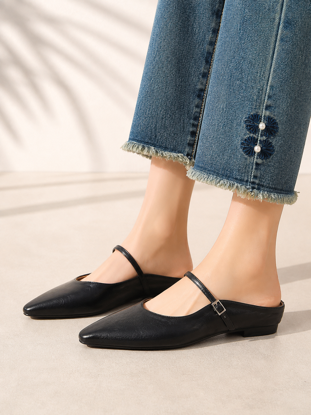 Freya | Women's Leather-Look Pointed-Toe Mules – Buckle-Strap Mary Jane Flats