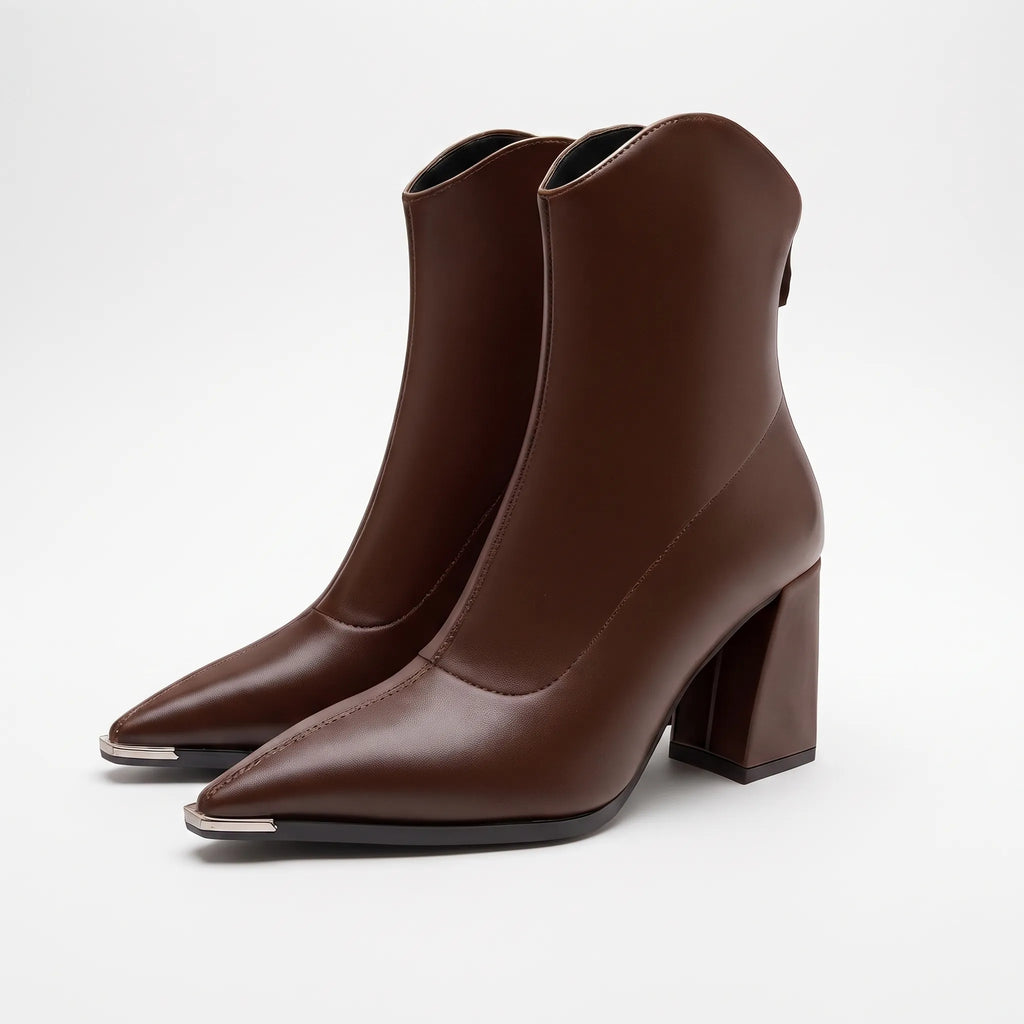 Verona | Women's Pointed-Toe Block Heel Ankle Boots - Faux Leather Zip-Up Boots