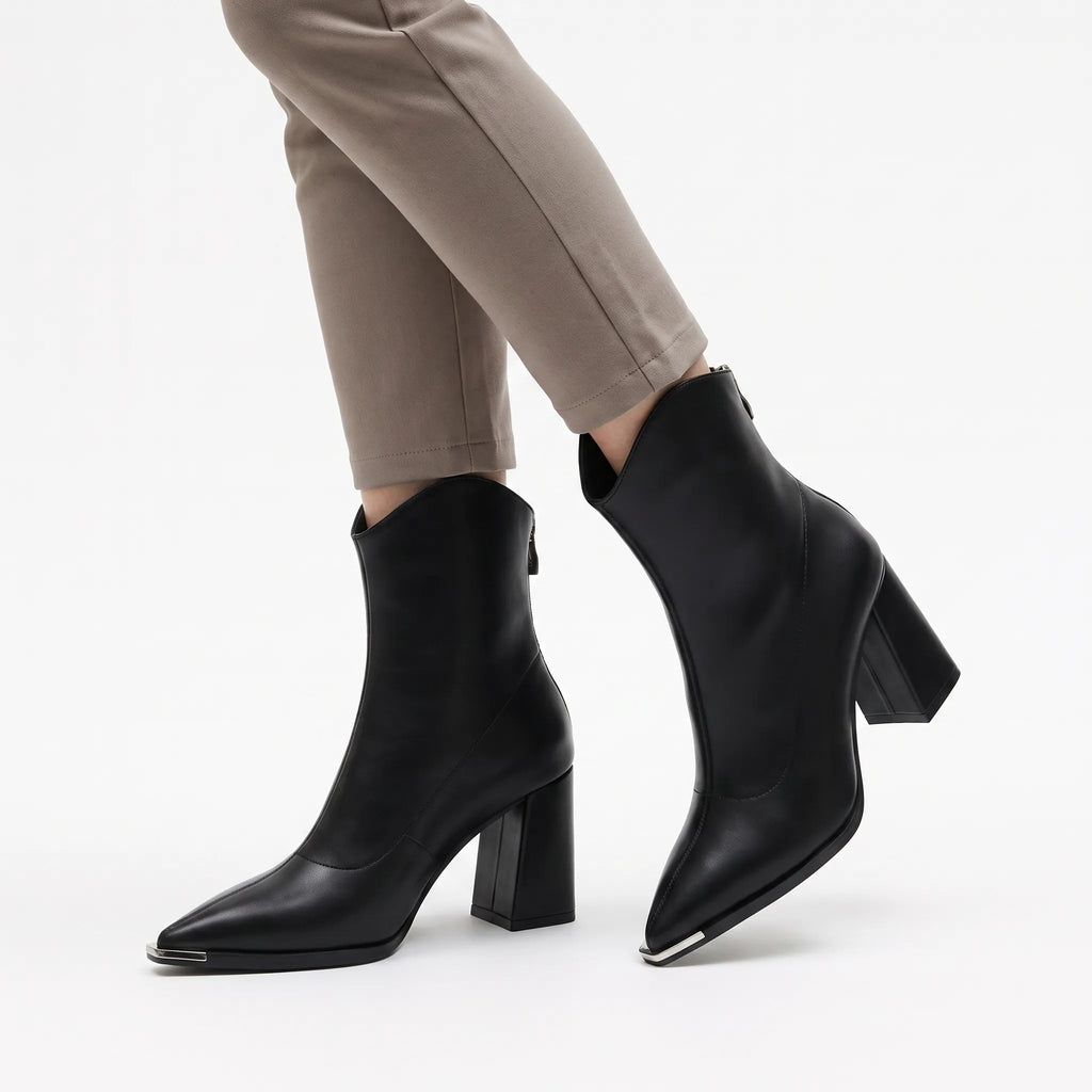 Verona | Women's Pointed-Toe Block Heel Ankle Boots - Faux Leather Zip-Up Boots