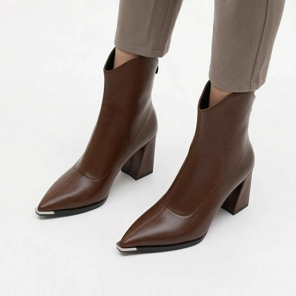 Verona | Women's Pointed-Toe Block Heel Ankle Boots - Faux Leather Zip-Up Boots