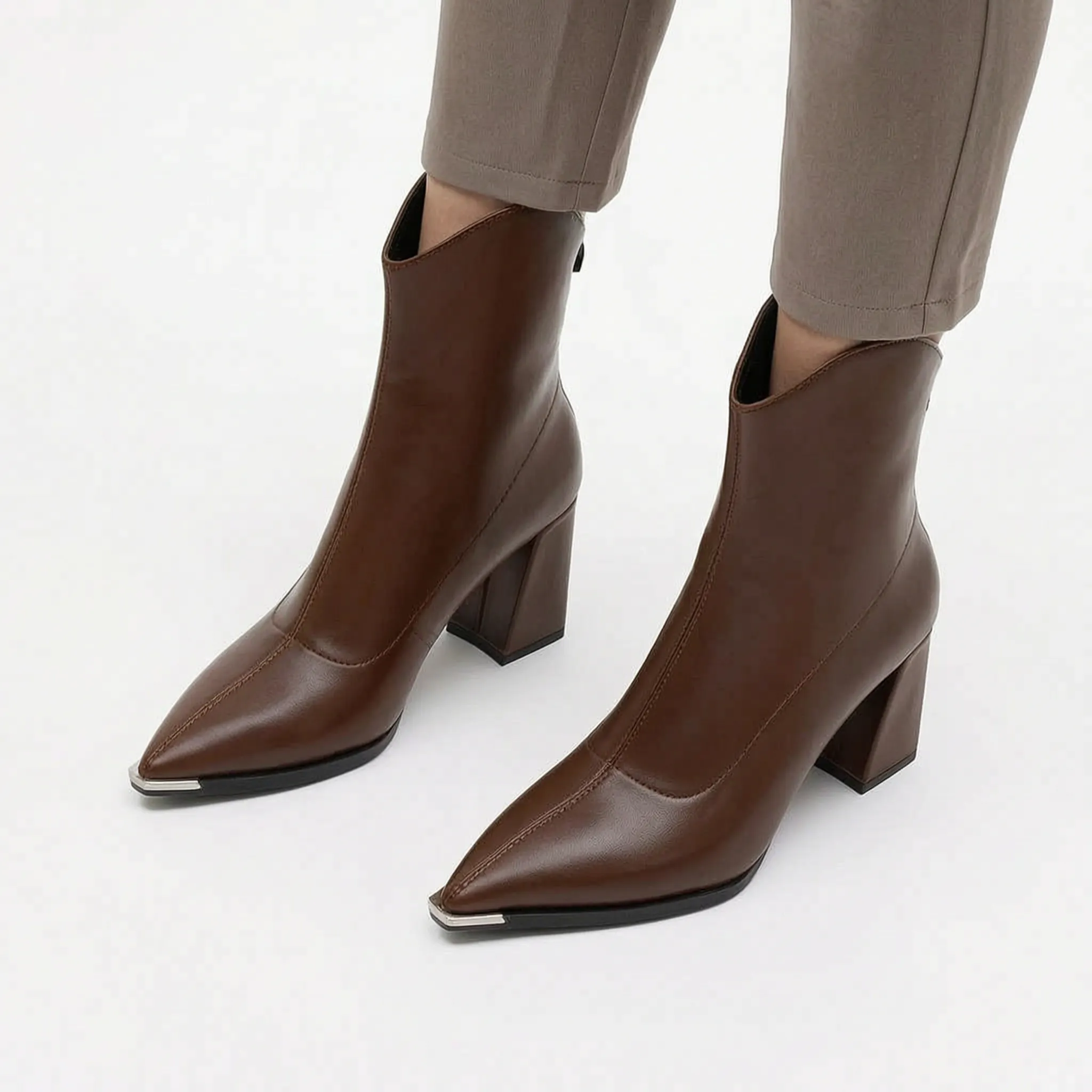 Verona | Women's Pointed-Toe Block Heel Ankle Boots - Faux Leather Zip-Up Boots
