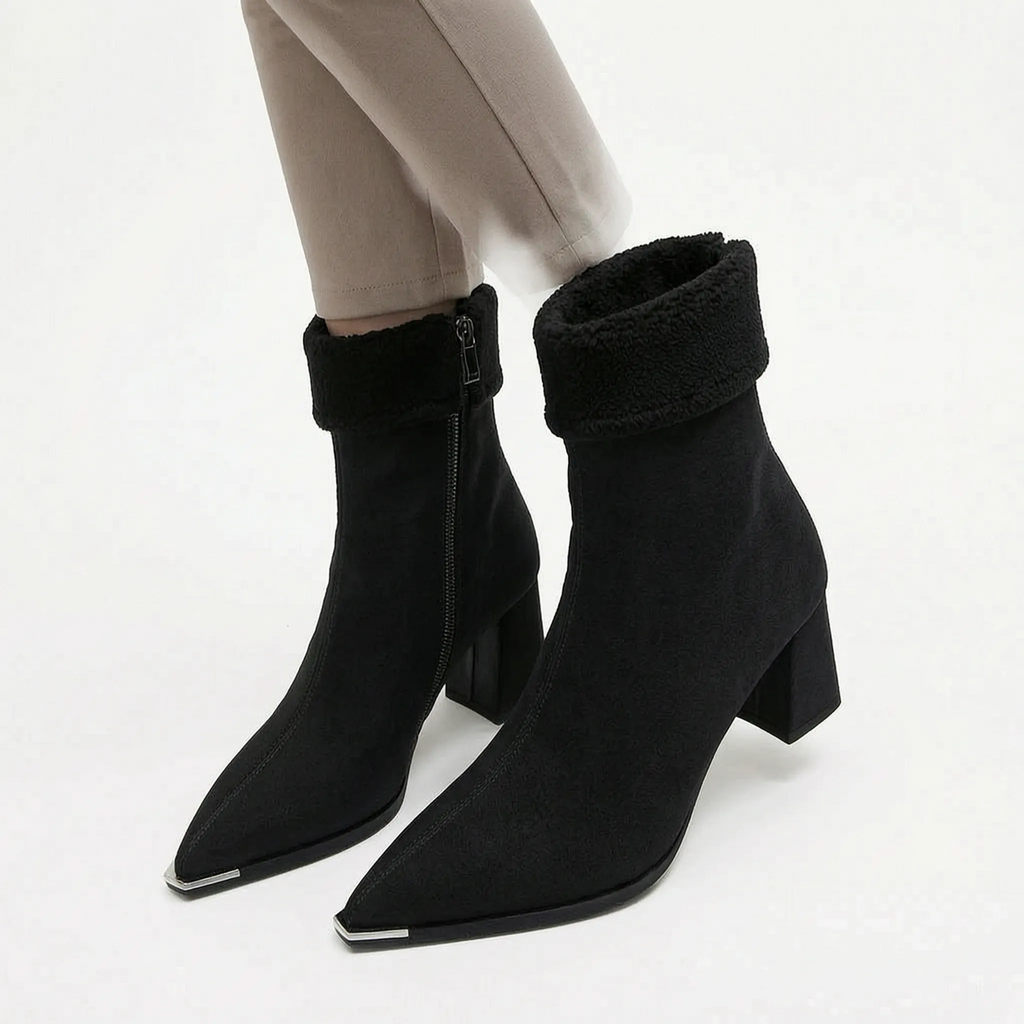 Verona | Women's Pointed-Toe Block Heel Ankle Boots - Faux Leather Zip-Up Boots