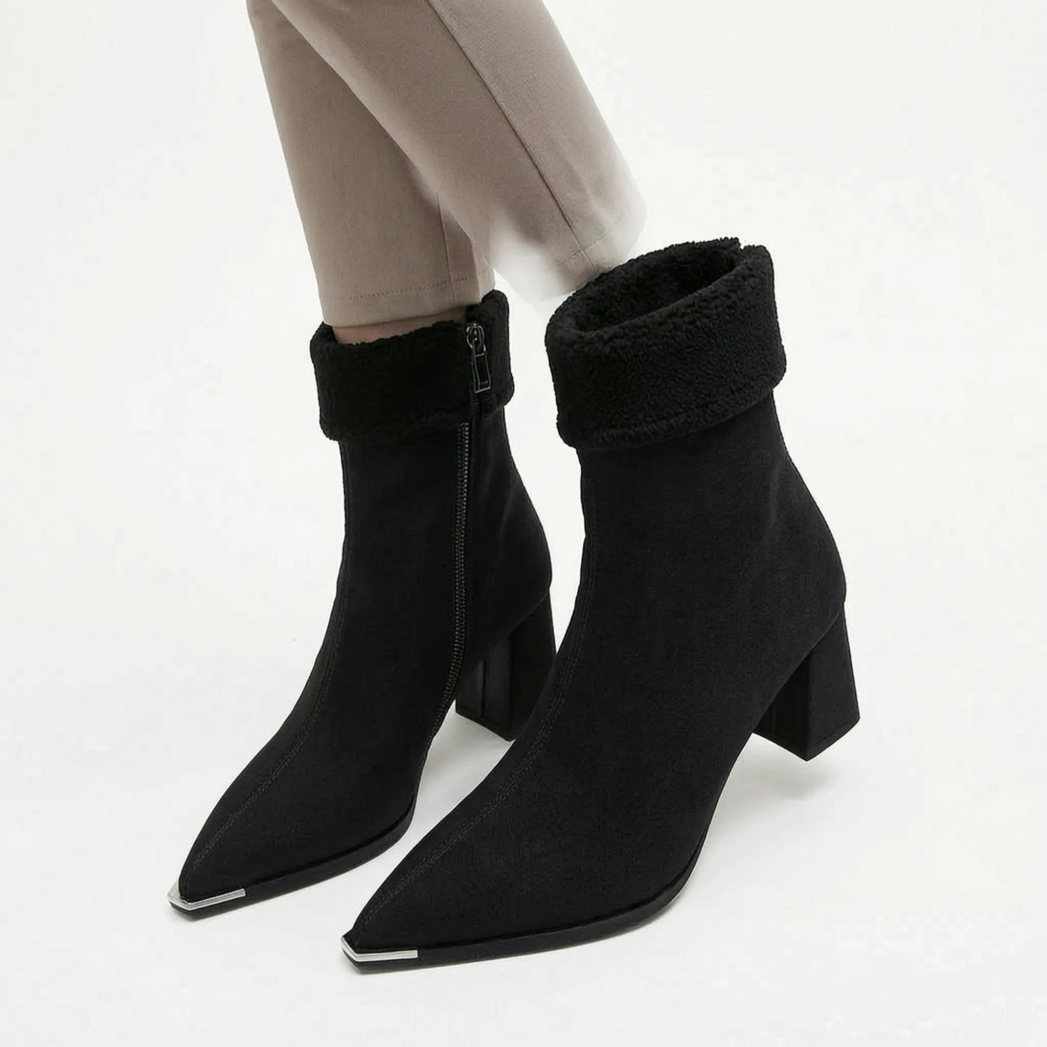 Verona | Women's Pointed-Toe Block Heel Ankle Boots - Faux Leather Zip-Up Boots