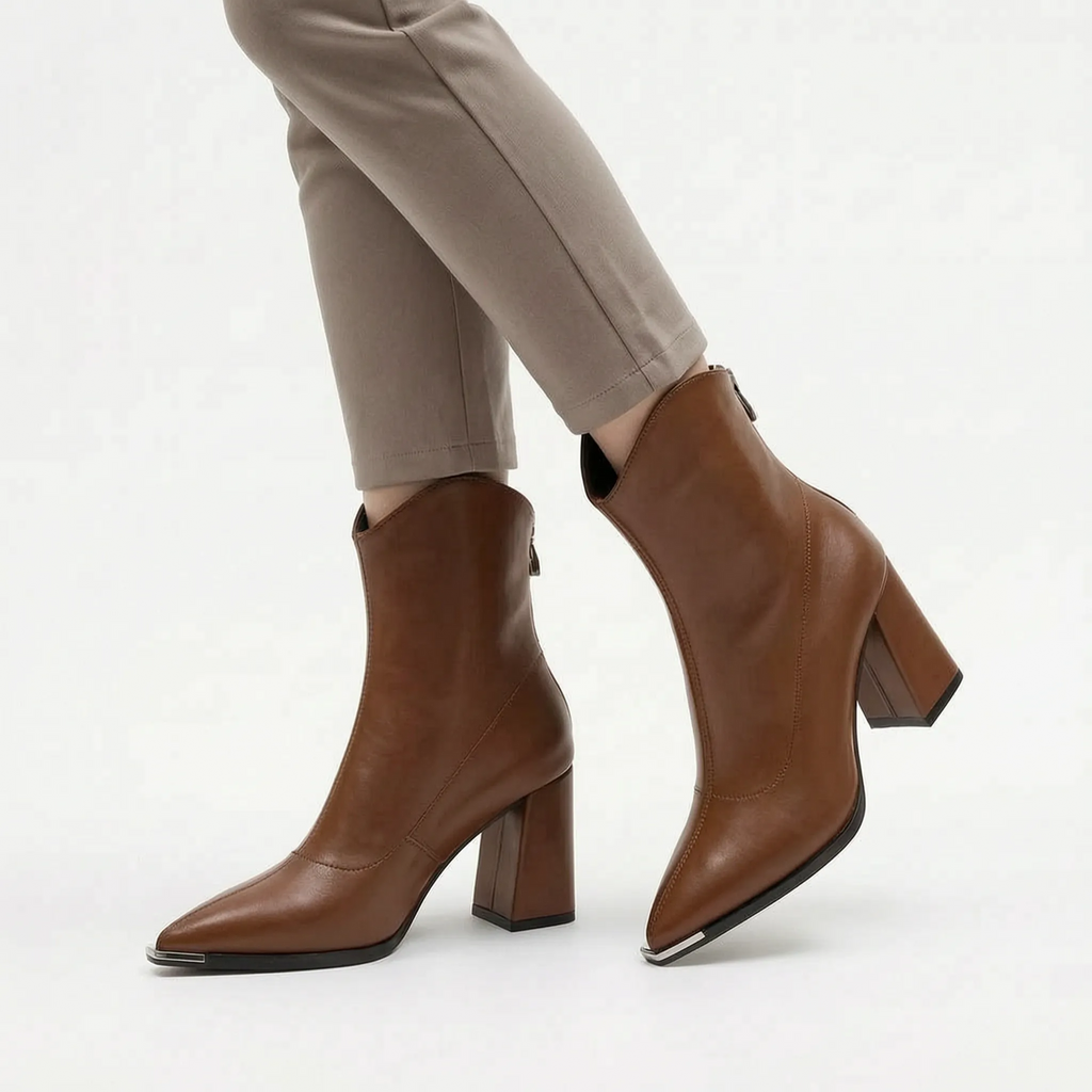 Verona | Women's Pointed-Toe Block Heel Ankle Boots - Faux Leather Zip-Up Boots