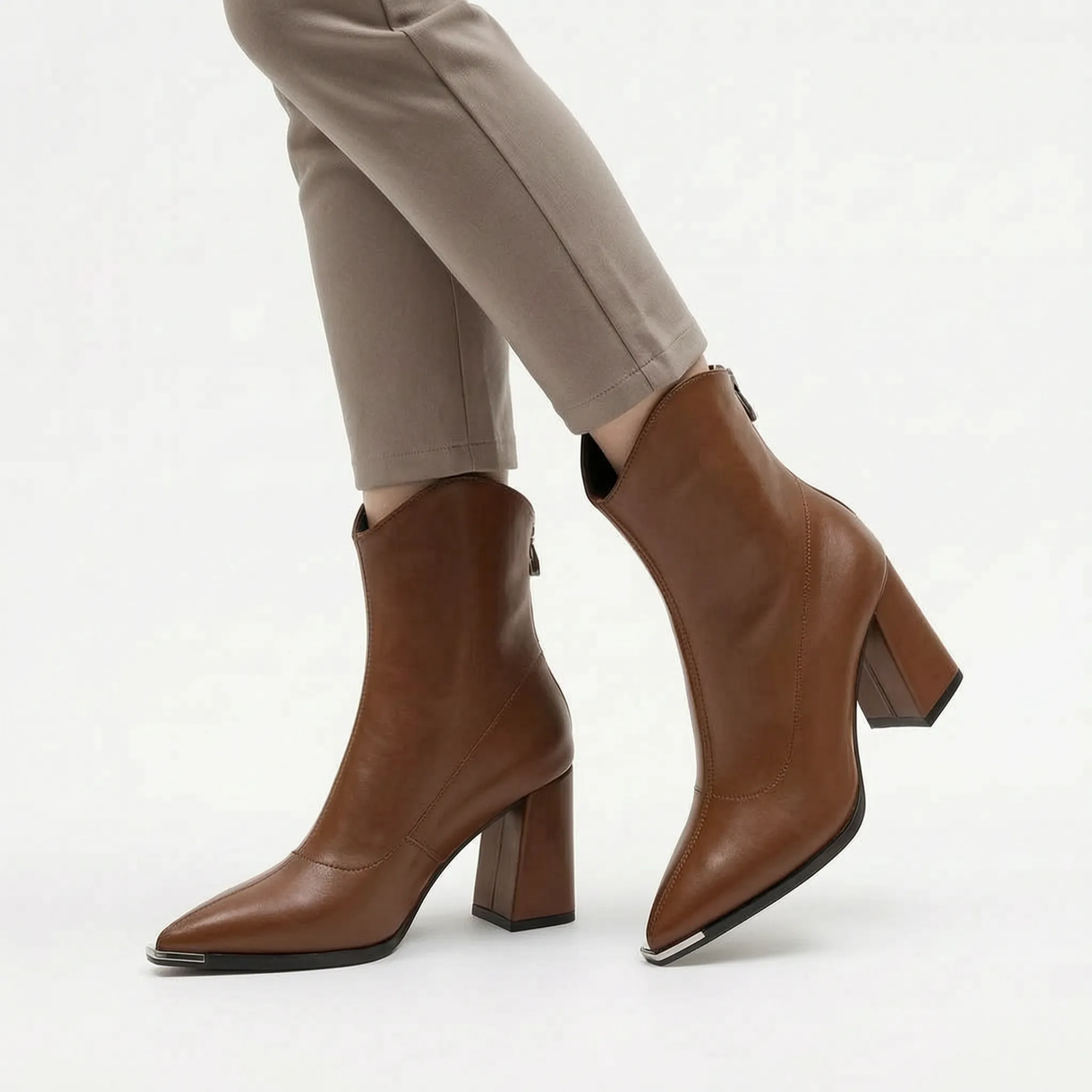 Verona | Women's Pointed-Toe Block Heel Ankle Boots - Faux Leather Zip-Up Boots