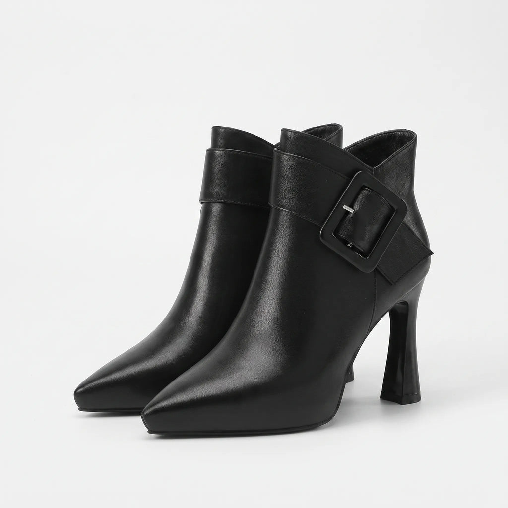 Cordelia | Women's Pointed-Toe Heeled Ankle Boots - Buckle Detail Evening Boots