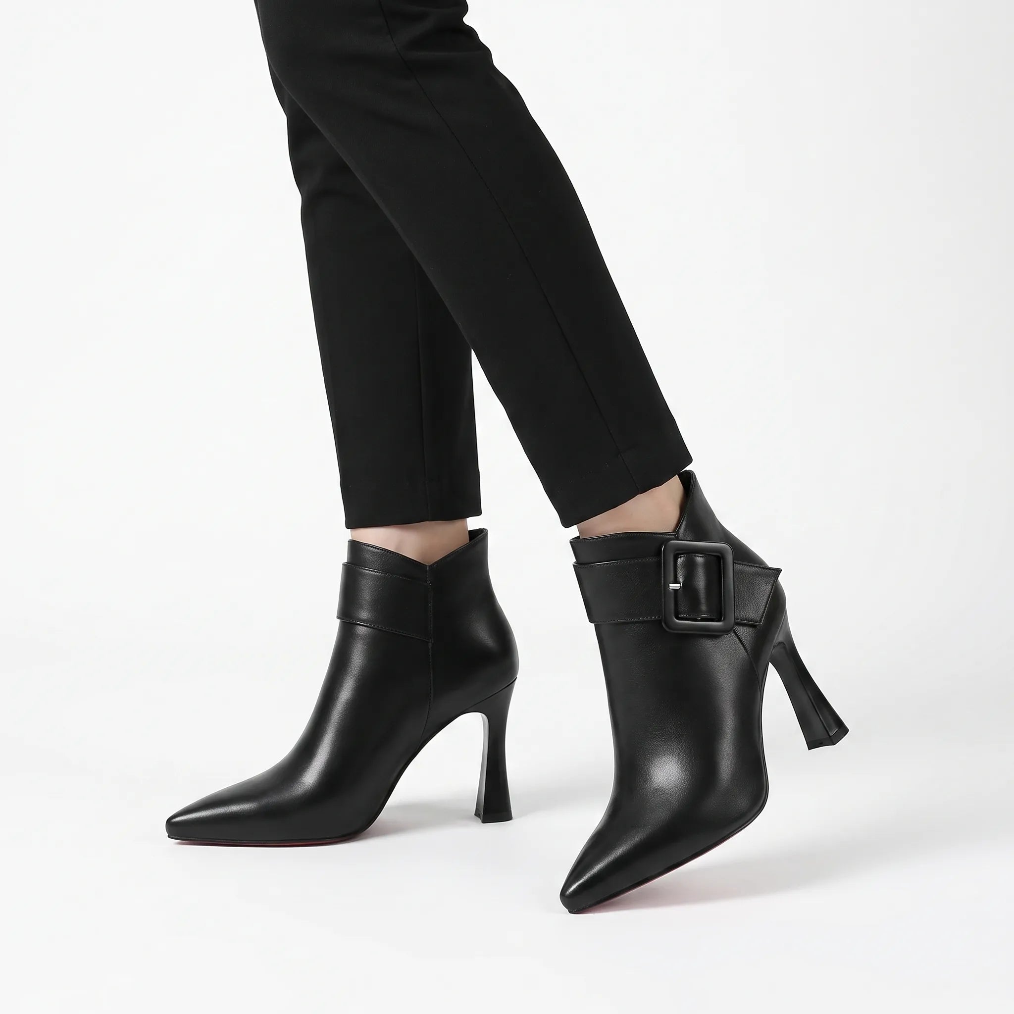 Cordelia | Women's Pointed-Toe Heeled Ankle Boots - Buckle Detail Evening Boots