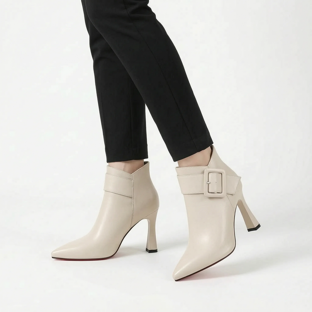 Cordelia | Women's Pointed-Toe Heeled Ankle Boots - Buckle Detail Evening Boots