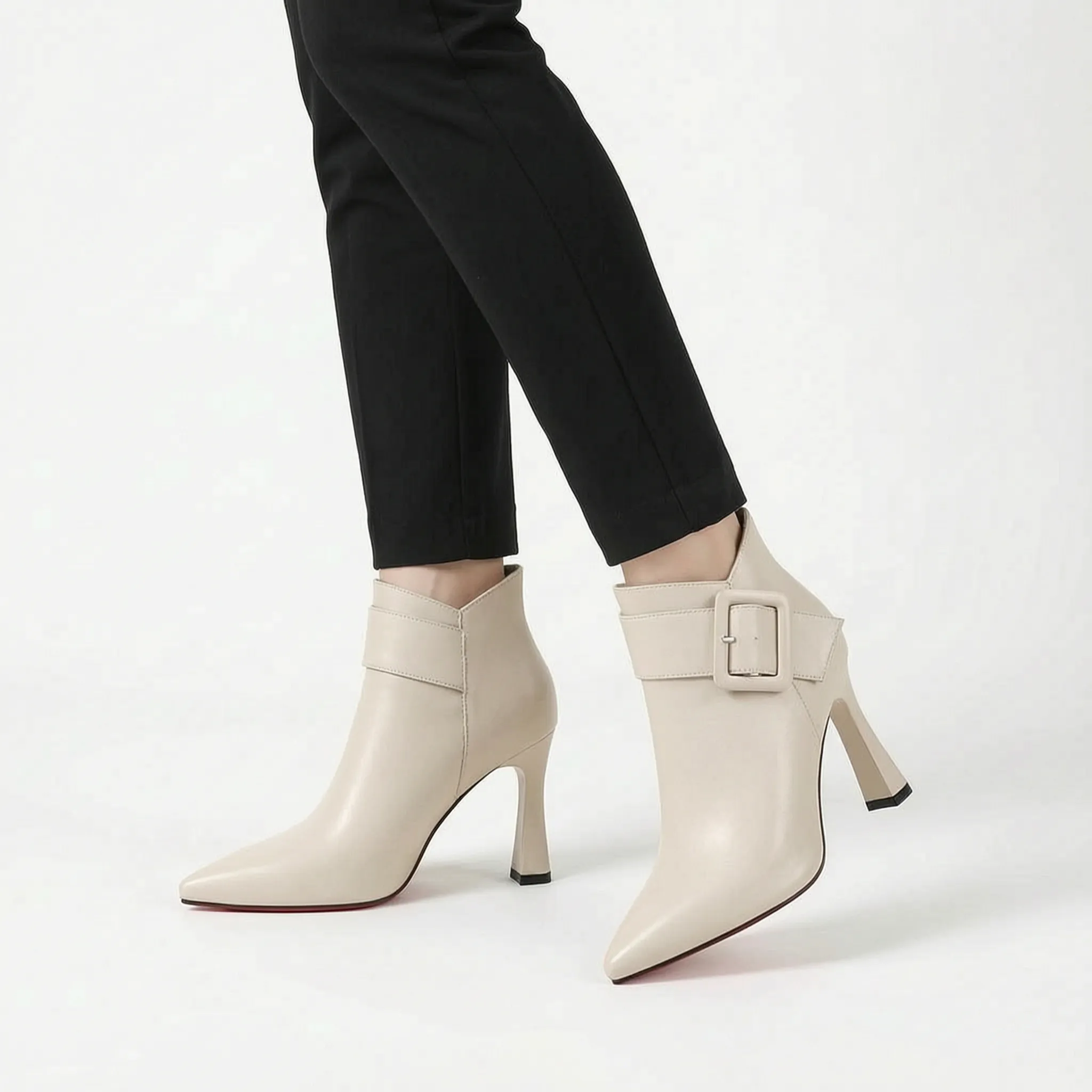 Cordelia | Women's Pointed-Toe Heeled Ankle Boots - Buckle Detail Evening Boots
