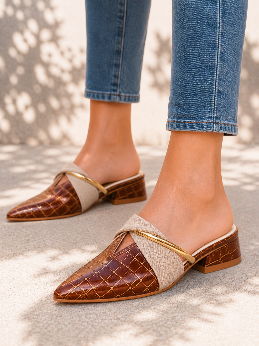 Beatrix | Women's Croc-Effect Pointed Toe Mule Heels - Low Block Heel Slip-On Mules