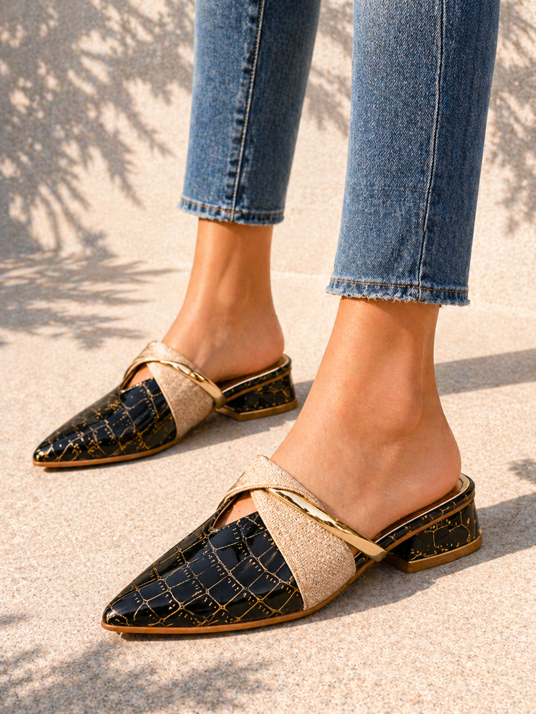 Beatrix | Women's Croc-Effect Pointed Toe Mule Heels - Low Block Heel Slip-On Mules