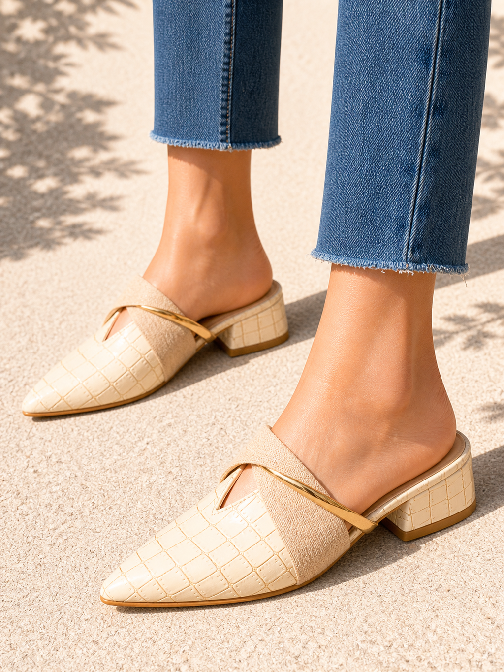 Beatrix | Women's Croc-Effect Pointed Toe Mule Heels - Low Block Heel Slip-On Mules