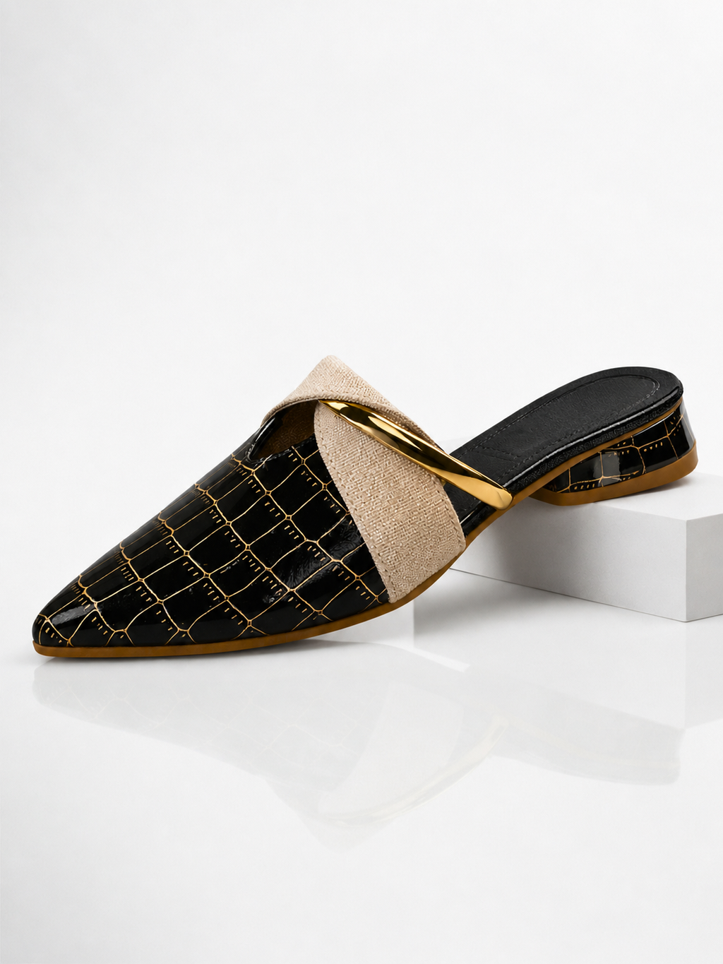Beatrix | Women's Croc-Effect Pointed Toe Mule Heels - Low Block Heel Slip-On Mules