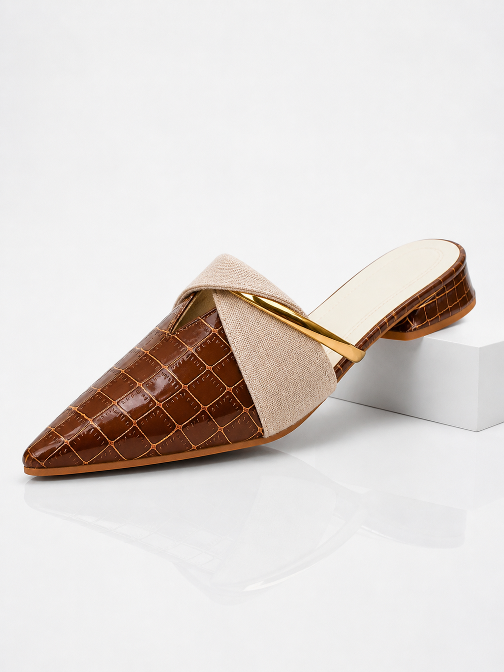 Beatrix | Women's Croc-Effect Pointed Toe Mule Heels - Low Block Heel Slip-On Mules